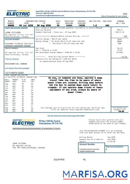 Realistic Canada Maritime Electric utility bill template in Word and PDF format